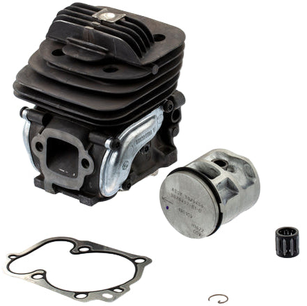 Engine cylinder and related parts on a white background